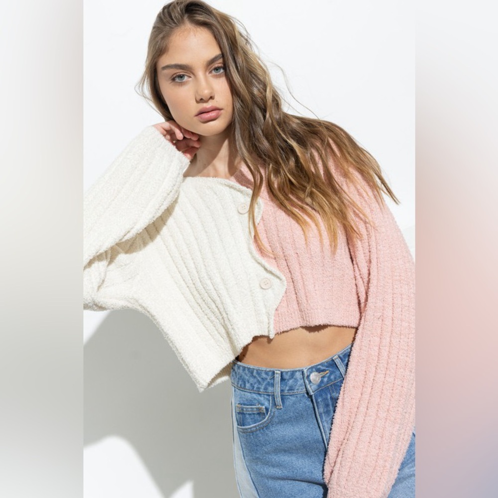 Colorblock Soft Button Down Cropped Cardigan - image 2